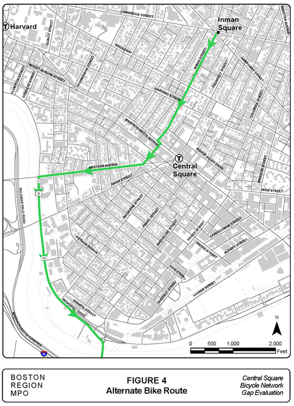 Figure 4 – Map of an alternate southbound bicycle route from Inman Square to the Charles River that travels down Western Avenue. Figure 4 – Map of an alternate southbound bicycle route from Inman Square to the Charles River that travels down Western Avenue.
